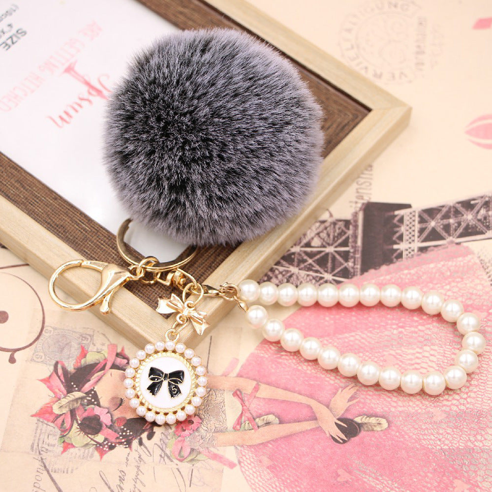 Wholesale Imitation Rex Rabbit Fur Ball Pearl Chain Bow Plush Ball Keychain